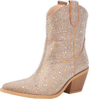 vivianly Rhinestone Cowboy Boots for Women Western Glitter Ankle Boots Cowgirl Boots, Women's Mid Calf Sparkling Diamond Boots Pointed Toe Chunky Heel Boots