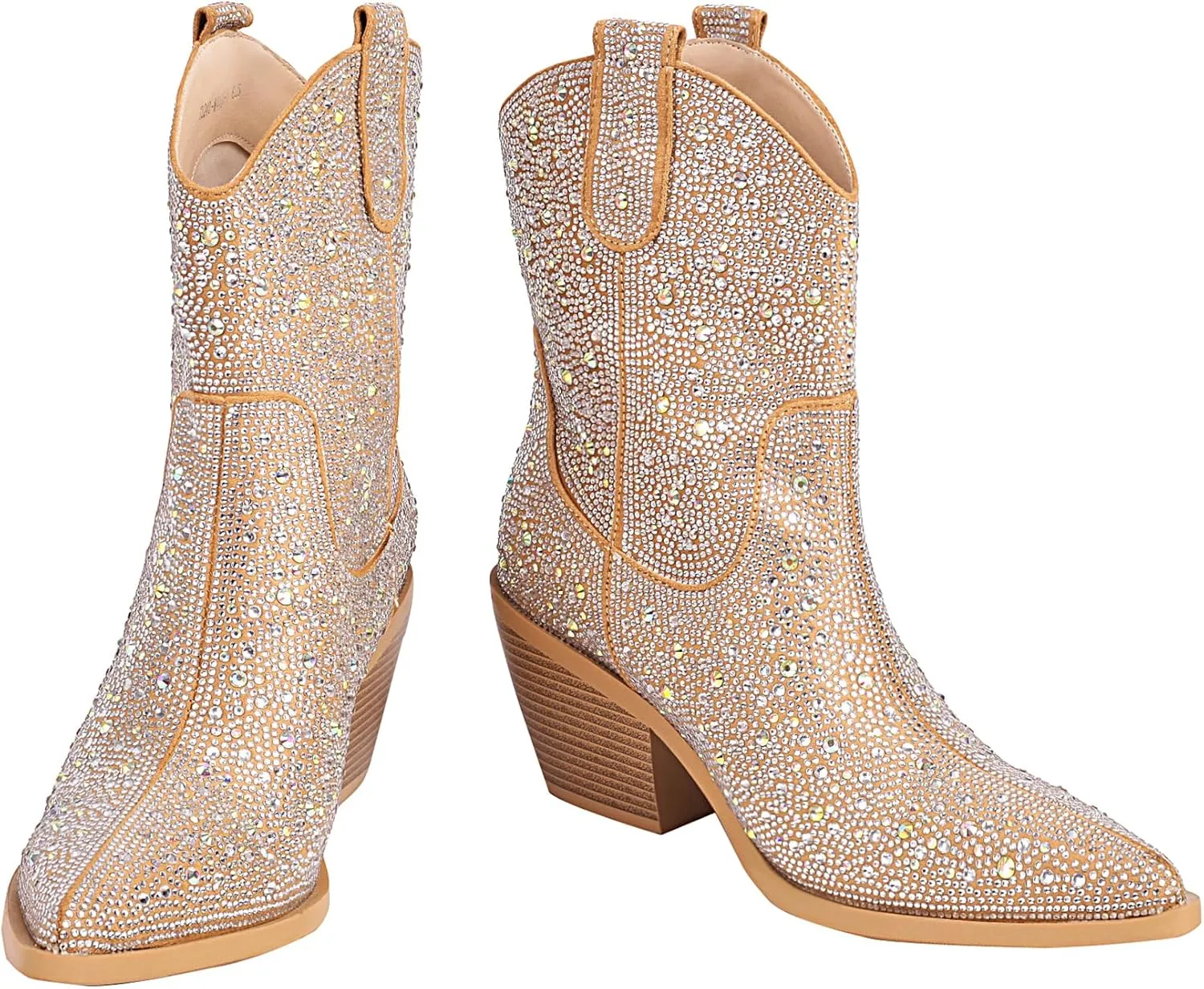 vivianly Rhinestone Cowboy Boots for Women Western Glitter Ankle Boots Cowgirl Boots, Women's Mid Calf Sparkling Diamond Boots Pointed Toe Chunky Heel Boots