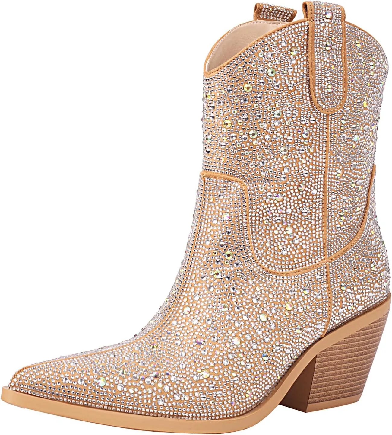 vivianly Rhinestone Cowboy Boots for Women Western Glitter Ankle Boots Cowgirl Boots, Women's Mid Calf Sparkling Diamond Boots Pointed Toe Chunky Heel Boots