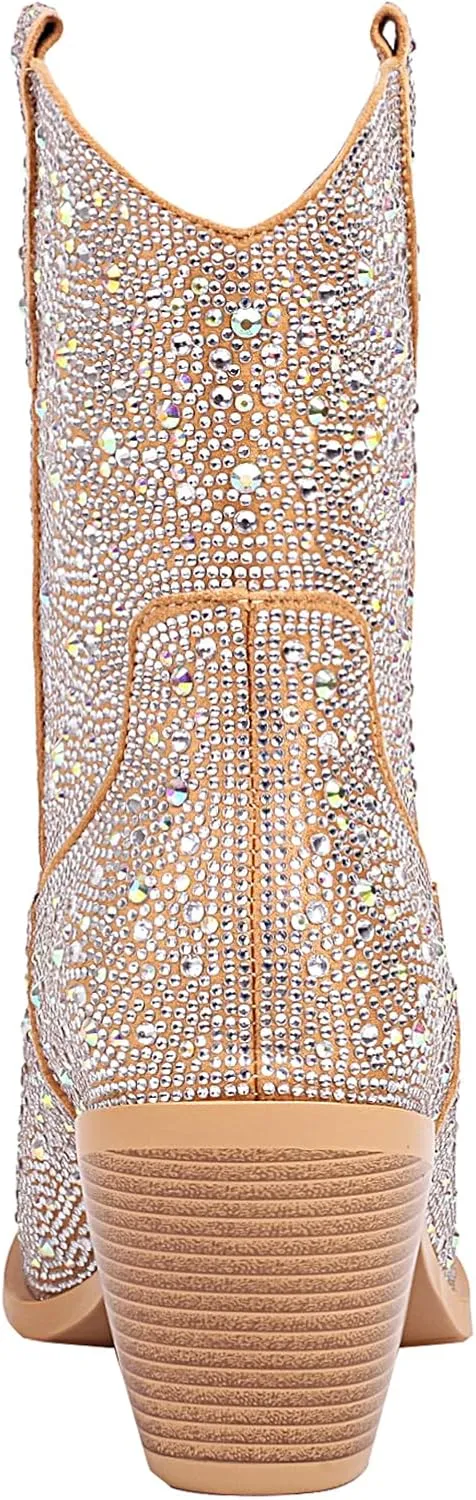 vivianly Rhinestone Cowboy Boots for Women Western Glitter Ankle Boots Cowgirl Boots, Women's Mid Calf Sparkling Diamond Boots Pointed Toe Chunky Heel Boots