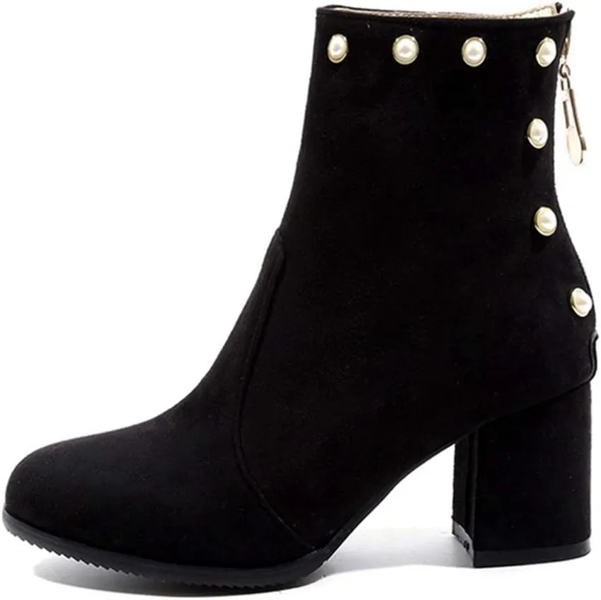 VOKLIN Women's Chunky Block Heel Dress Ankle Boots Suede Round Toe Zipper Booties Studded Pearls Short Boot