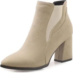 VOKLIN Women's Pointy Toe Chunky High Heel Dressy Ankle Boots Elastic Side Panel Chelsea Dress Short Booties