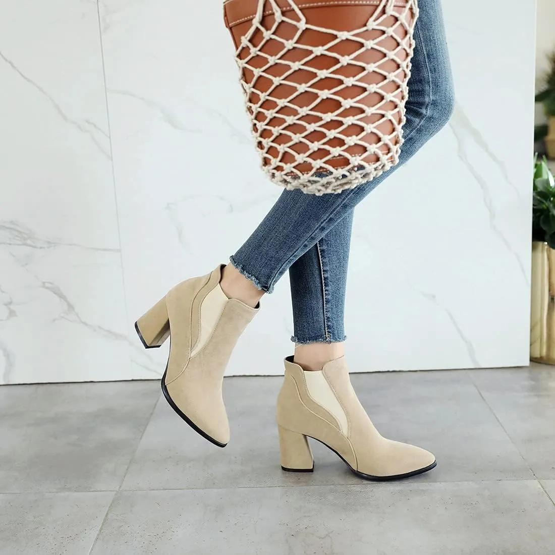 VOKLIN Women's Pointy Toe Chunky High Heel Dressy Ankle Boots Elastic Side Panel Chelsea Dress Short Booties