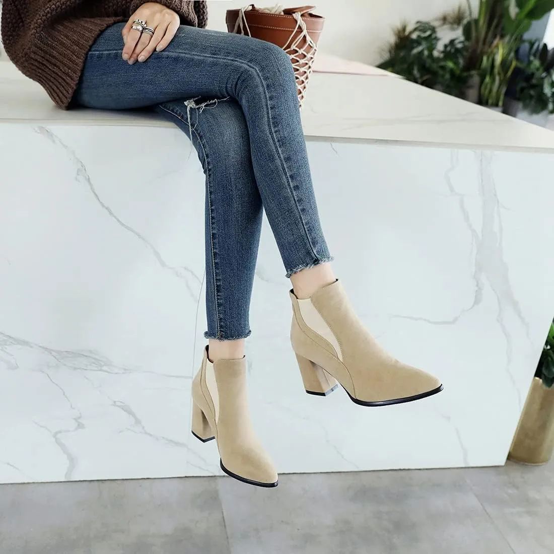 VOKLIN Women's Pointy Toe Chunky High Heel Dressy Ankle Boots Elastic Side Panel Chelsea Dress Short Booties