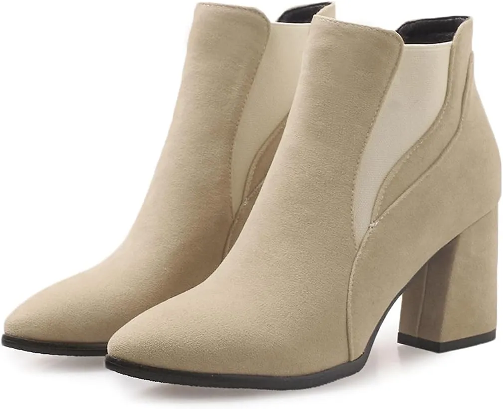 VOKLIN Women's Pointy Toe Chunky High Heel Dressy Ankle Boots Elastic Side Panel Chelsea Dress Short Booties