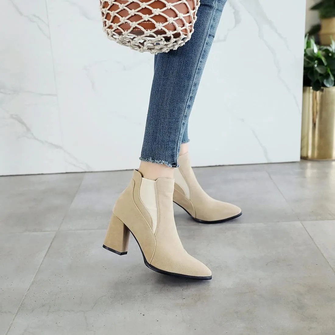VOKLIN Women's Pointy Toe Chunky High Heel Dressy Ankle Boots Elastic Side Panel Chelsea Dress Short Booties