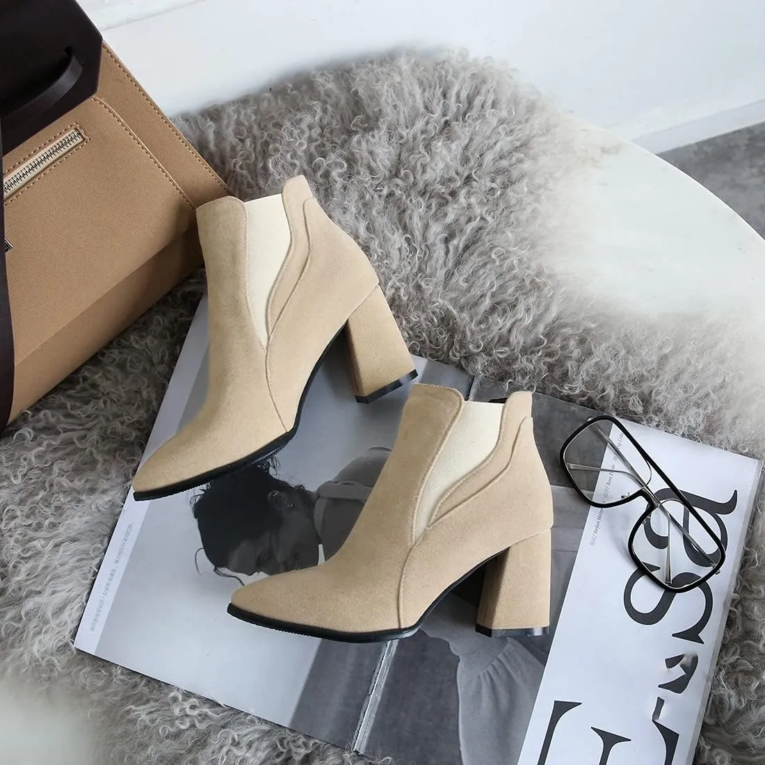VOKLIN Women's Pointy Toe Chunky High Heel Dressy Ankle Boots Elastic Side Panel Chelsea Dress Short Booties