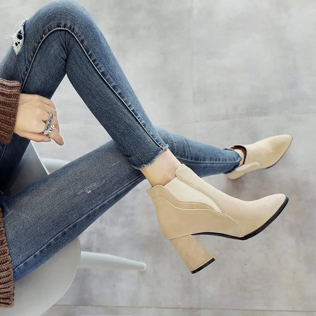 VOKLIN Women's Pointy Toe Chunky High Heel Dressy Ankle Boots Elastic Side Panel Chelsea Dress Short Booties