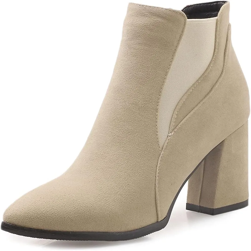 VOKLIN Women's Pointy Toe Chunky High Heel Dressy Ankle Boots Elastic Side Panel Chelsea Dress Short Booties