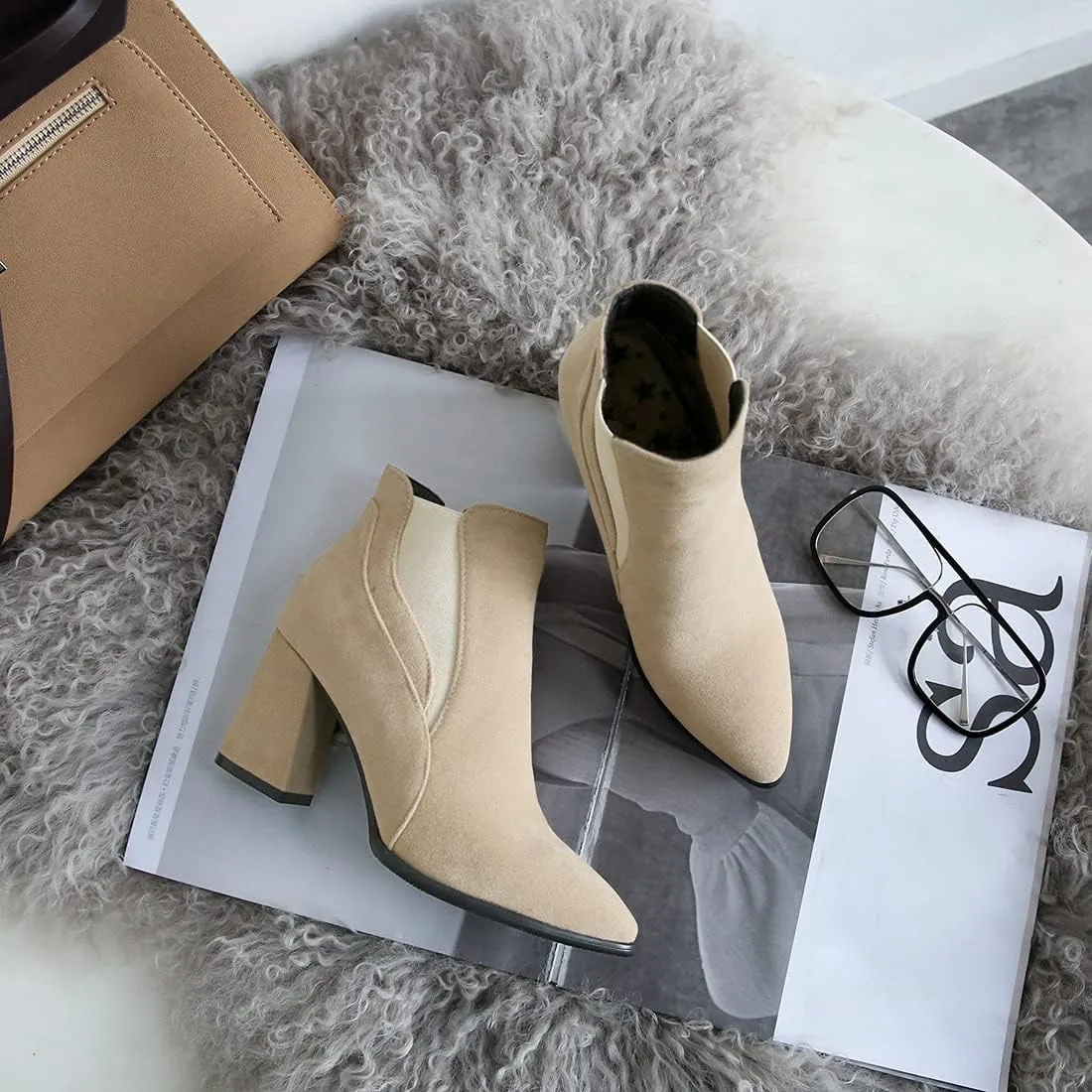 VOKLIN Women's Pointy Toe Chunky High Heel Dressy Ankle Boots Elastic Side Panel Chelsea Dress Short Booties