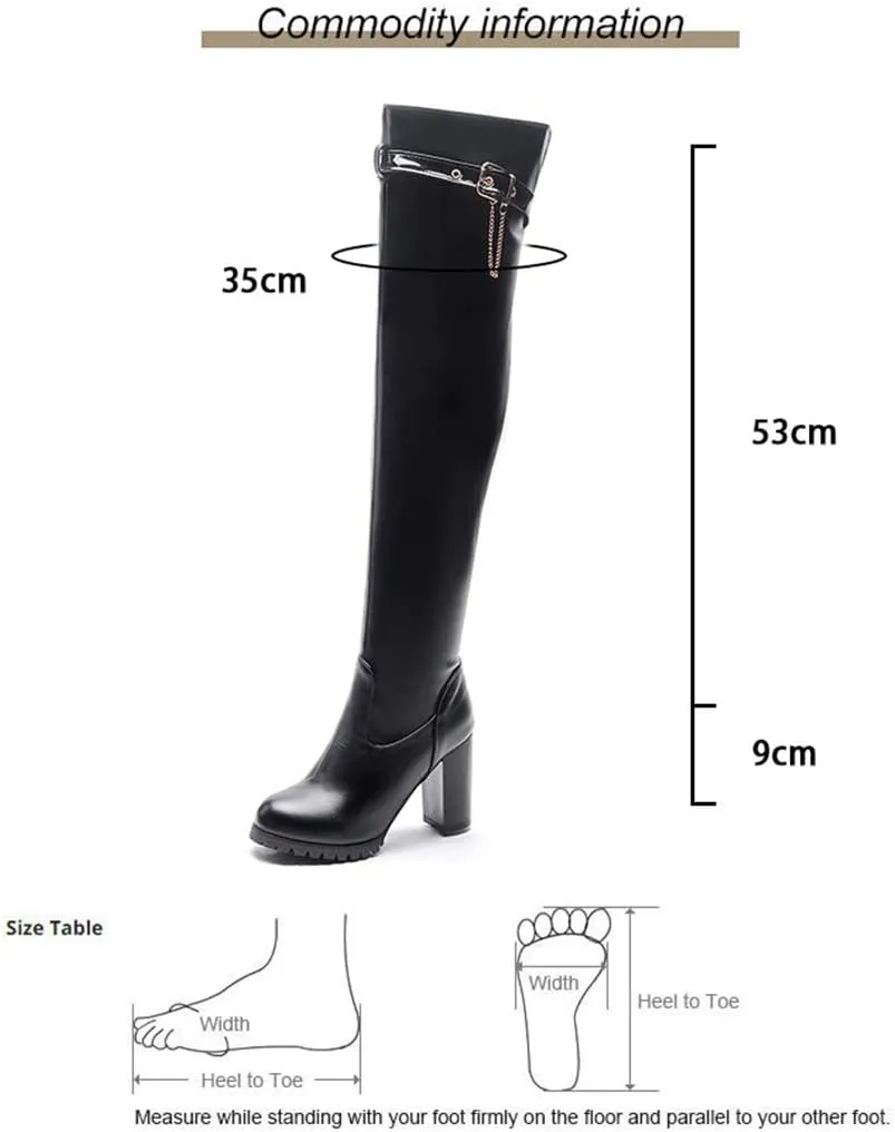 VULTRO Women's Over The Knee Boots High Heels Round Toe Side Zipper PU Leather Thigh High Boot