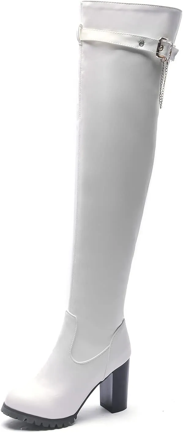 VULTRO Women's Over The Knee Boots High Heels Round Toe Side Zipper PU Leather Thigh High Boot