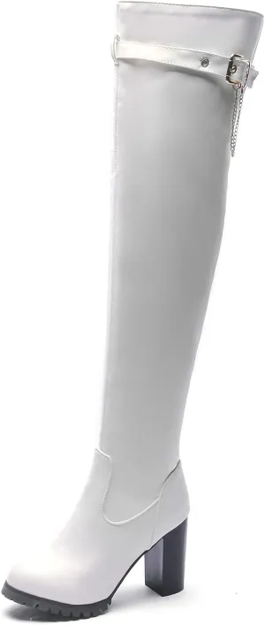 VULTRO Women's Over The Knee Boots High Heels Round Toe Side Zipper PU Leather Thigh High Boot