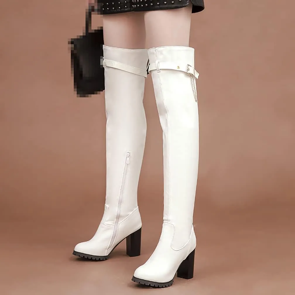 VULTRO Women's Over The Knee Boots High Heels Round Toe Side Zipper PU Leather Thigh High Boot