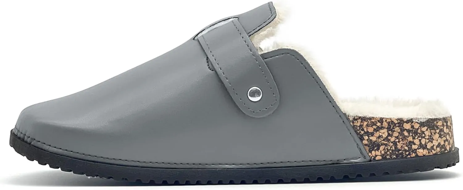Waterproof Fur Lined Clogs for Women, PU Leather Winter Warm Fuzzy Cork Footbed Mules Slip On Patato Shoes for Indoor Outdoor
