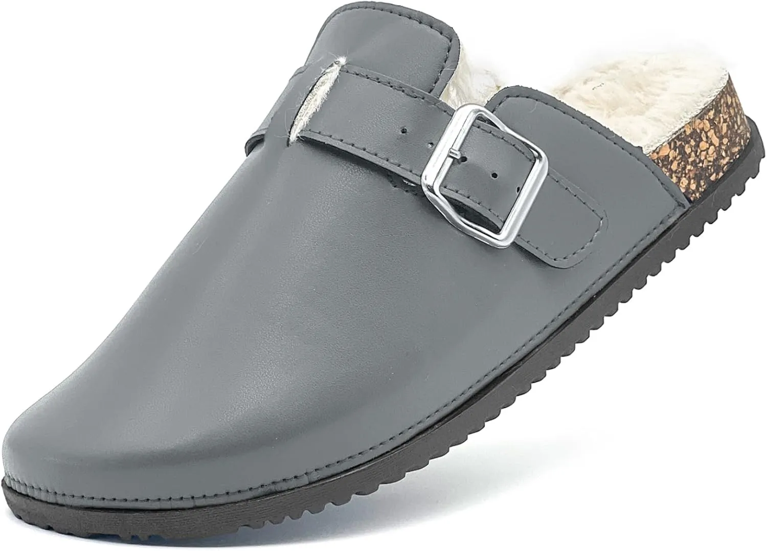 Waterproof Fur Lined Clogs for Women, PU Leather Winter Warm Fuzzy Cork Footbed Mules Slip On Patato Shoes for Indoor Outdoor