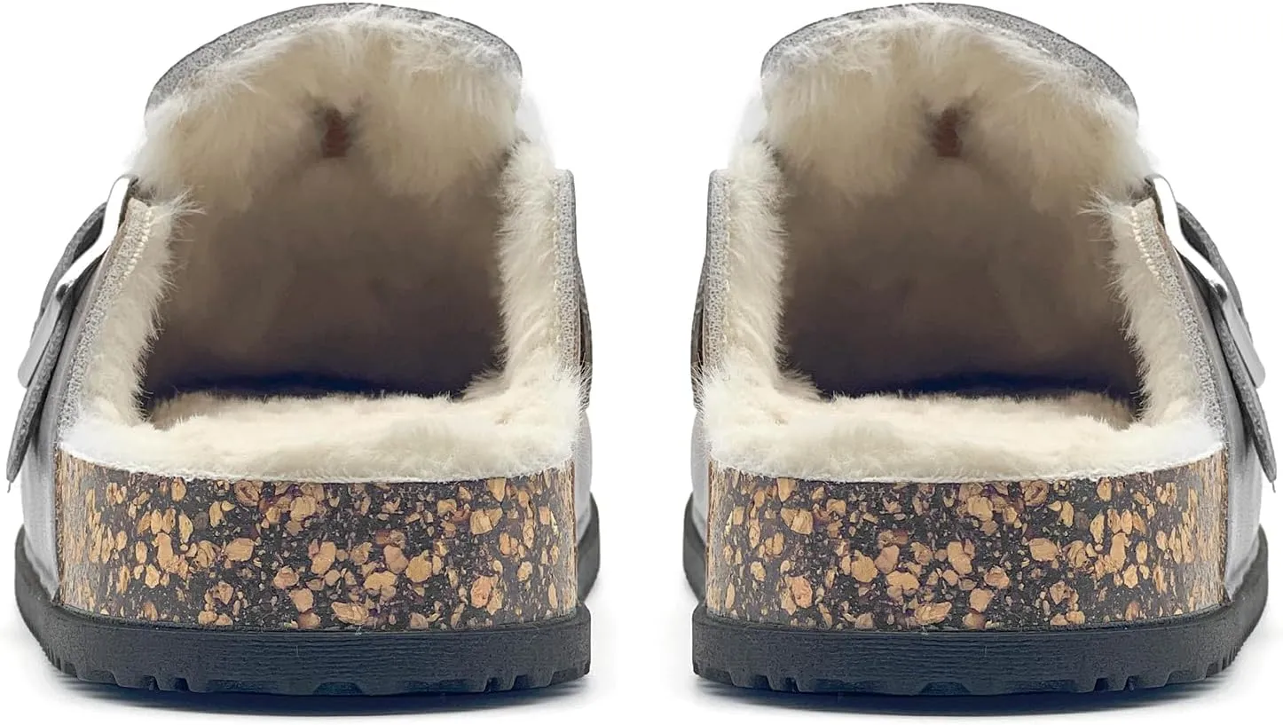 Waterproof Fur Lined Clogs for Women, PU Leather Winter Warm Fuzzy Cork Footbed Mules Slip On Patato Shoes for Indoor Outdoor