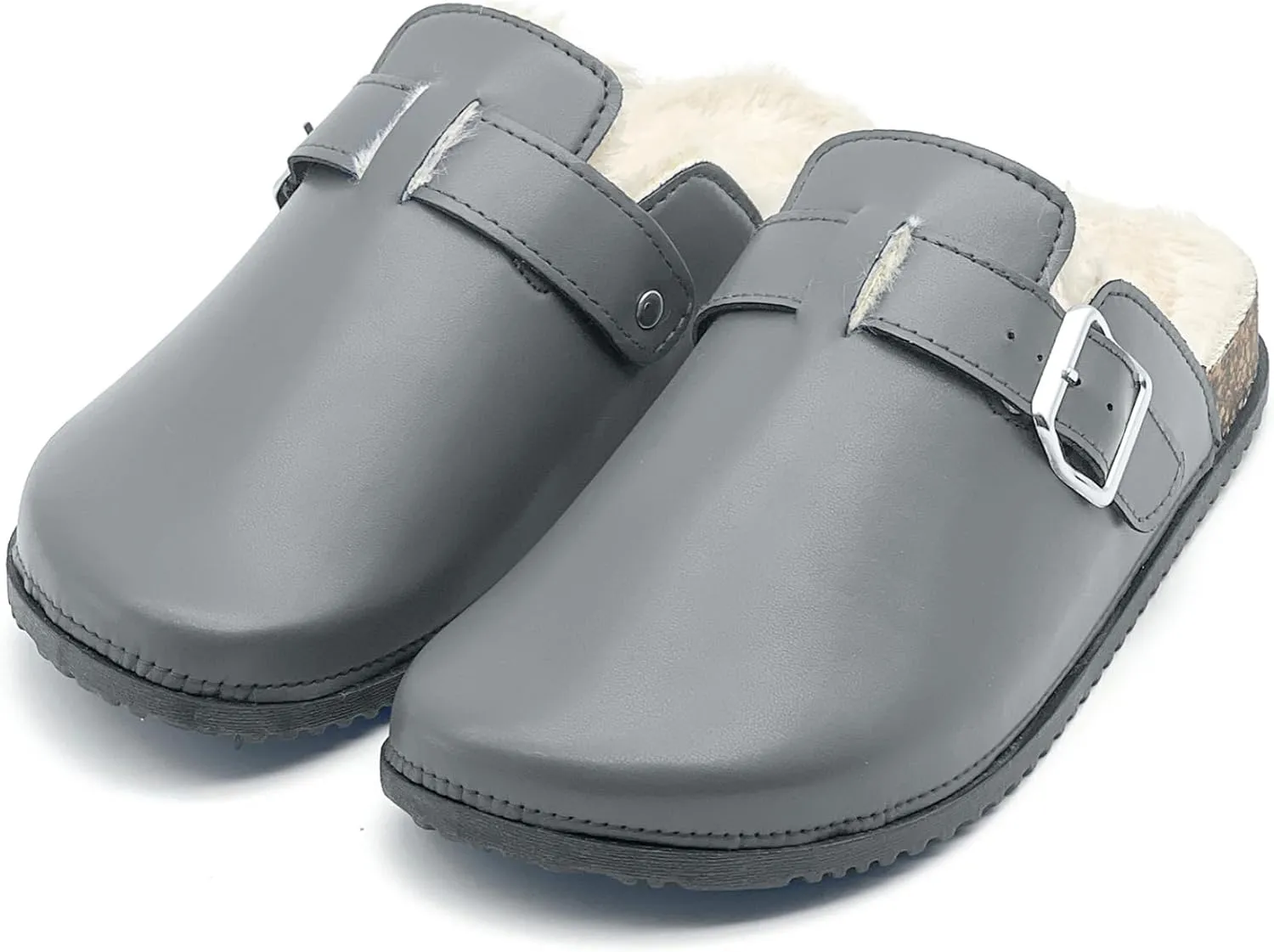 Waterproof Fur Lined Clogs for Women, PU Leather Winter Warm Fuzzy Cork Footbed Mules Slip On Patato Shoes for Indoor Outdoor