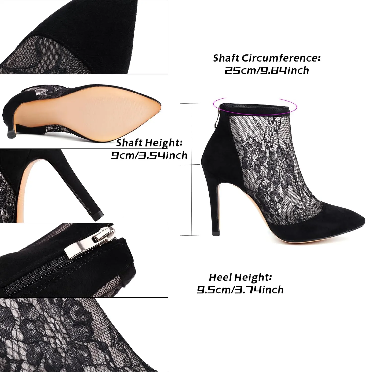 Wavyvigs Lace Mesh Booties High Heel Pointed Toe Stiletto Ankle Boots with Zipper