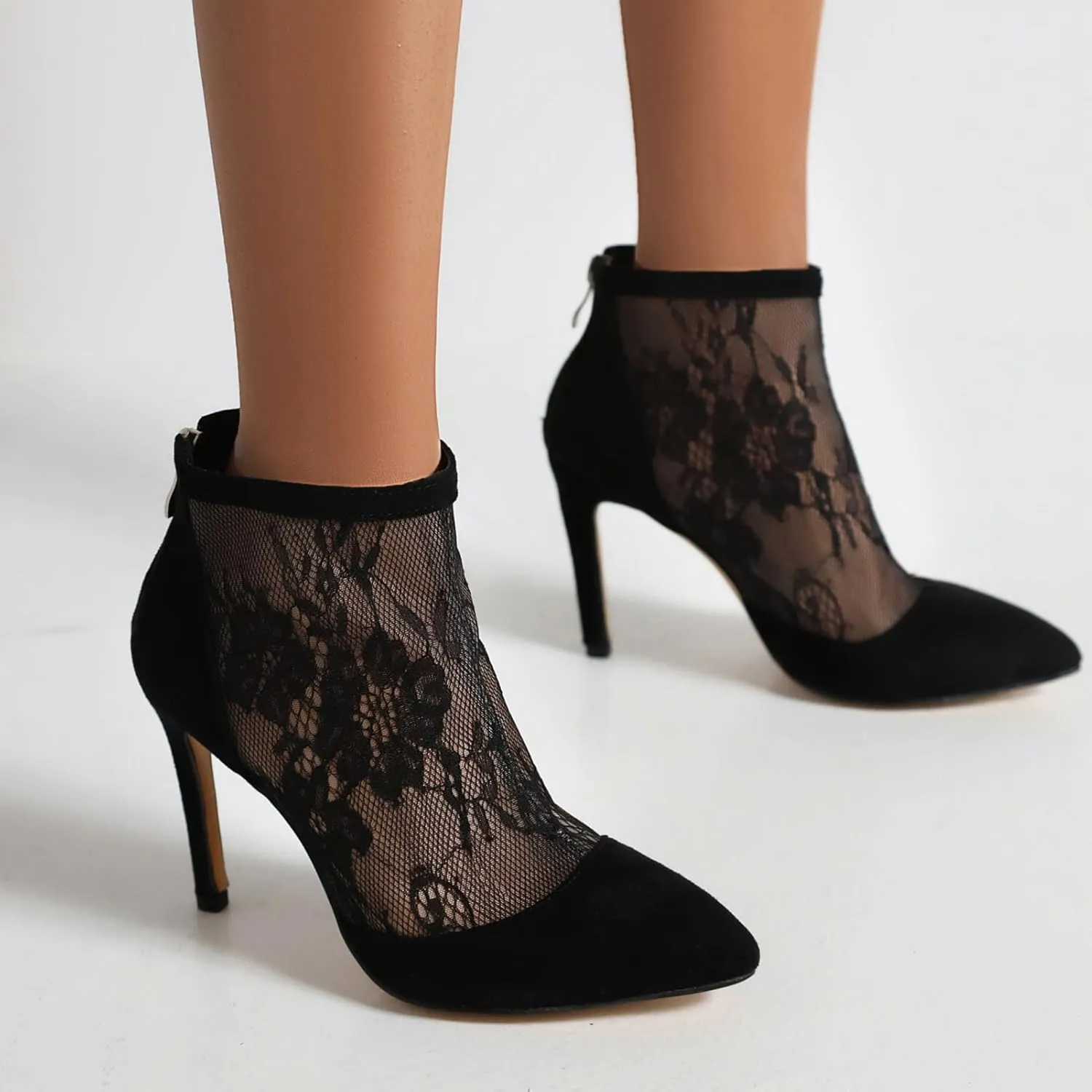 Wavyvigs Lace Mesh Booties High Heel Pointed Toe Stiletto Ankle Boots with Zipper