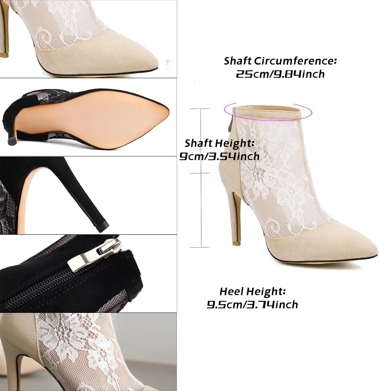 Wavyvigs Lace Mesh Booties High Heel Pointed Toe Stiletto Ankle Boots with Zipper
