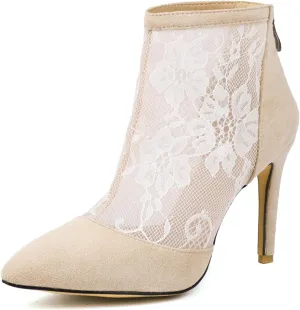 Wavyvigs Lace Mesh Booties High Heel Pointed Toe Stiletto Ankle Boots with Zipper
