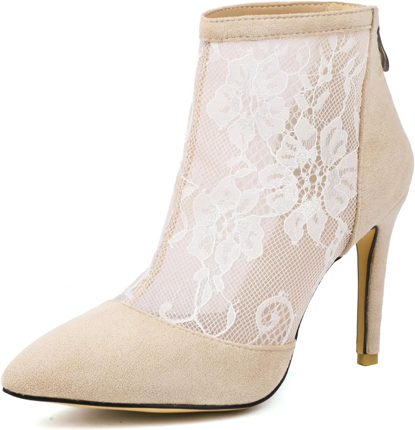 Wavyvigs Lace Mesh Booties High Heel Pointed Toe Stiletto Ankle Boots with Zipper