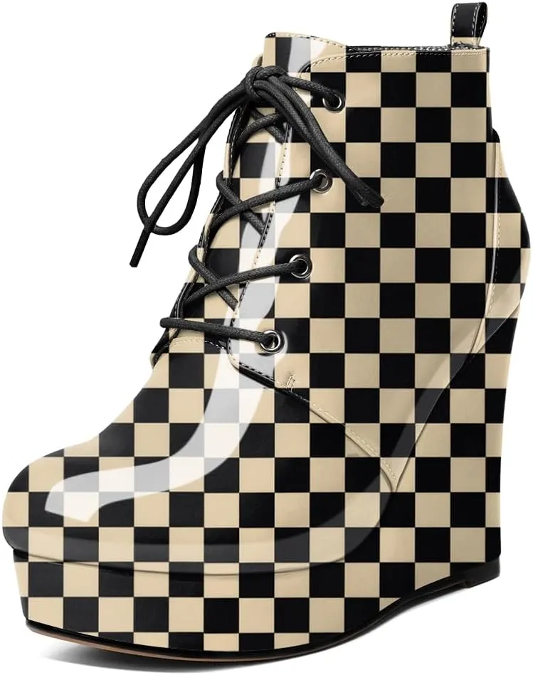 Wedge Ankle Boots Women's Platform Short Bootie Round Toe Lace up Wedge Heels Boots 4 Inch Warm Dress Boots for Party Evening Shoes