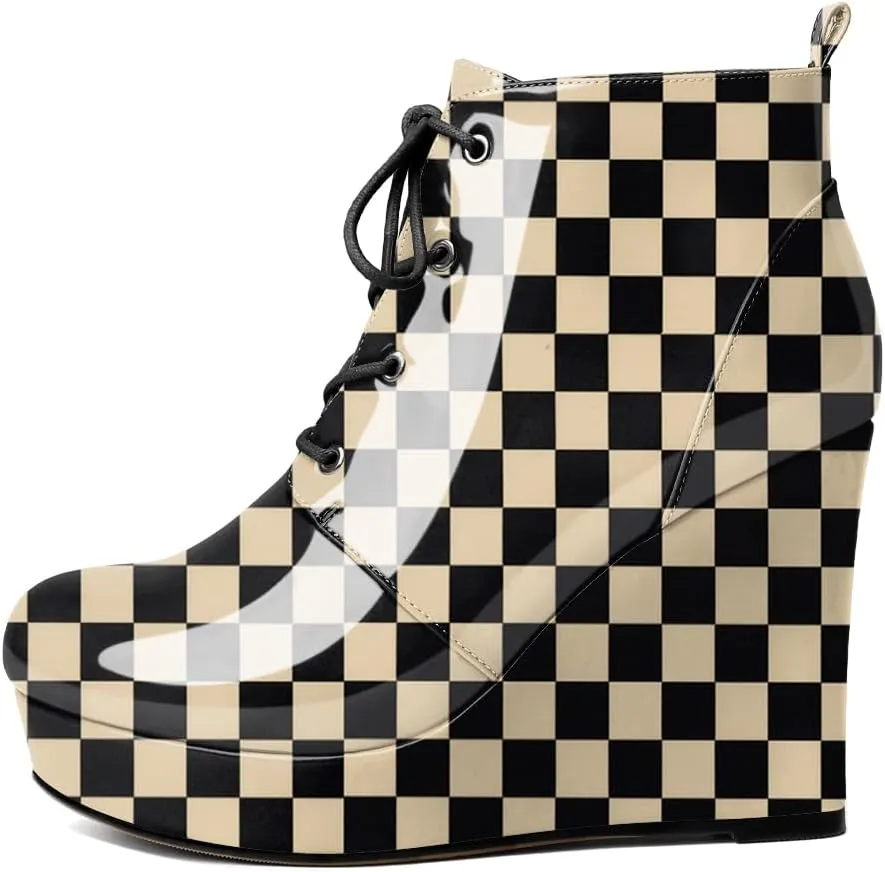 Wedge Ankle Boots Women's Platform Short Bootie Round Toe Lace up Wedge Heels Boots 4 Inch Warm Dress Boots for Party Evening Shoes