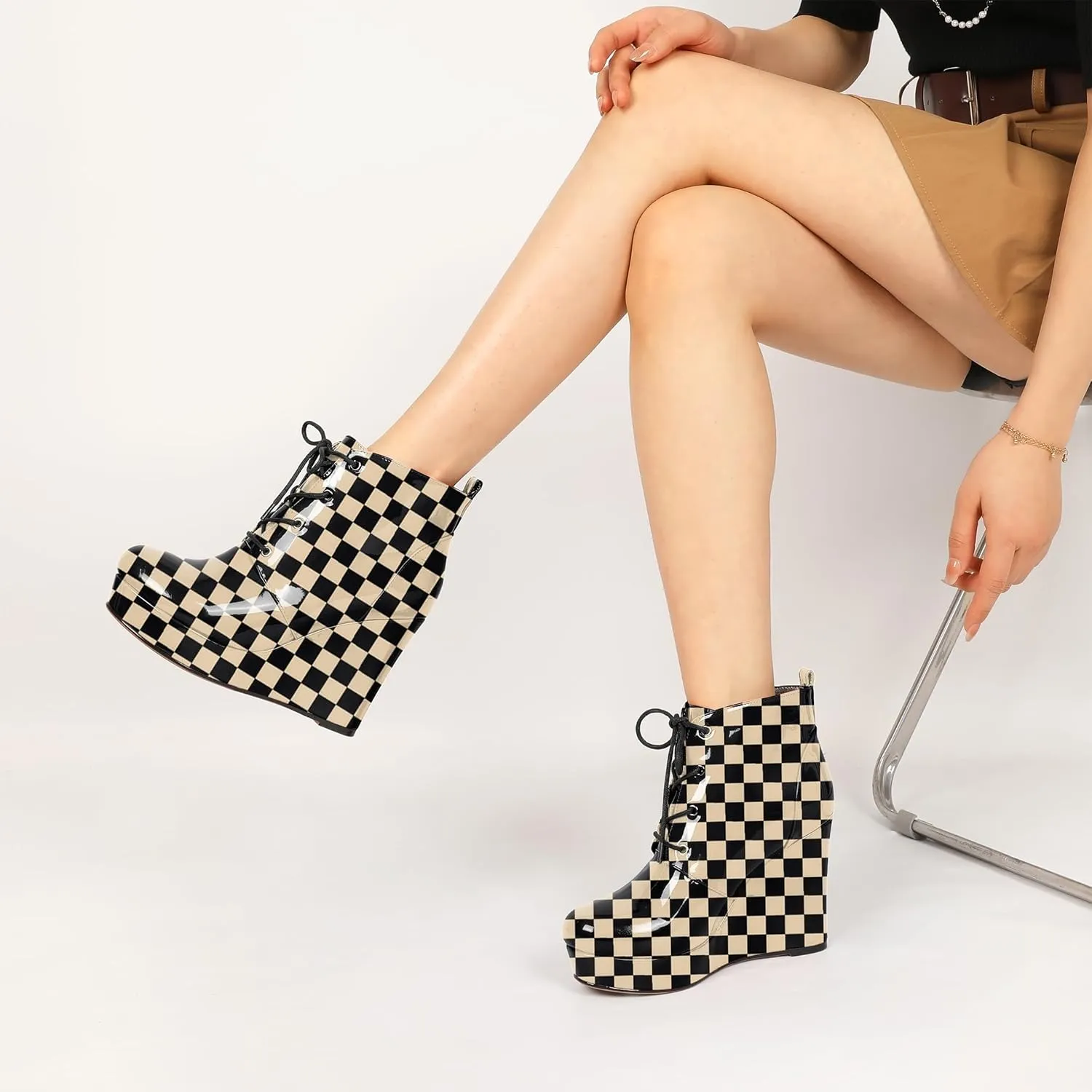 Wedge Ankle Boots Women's Platform Short Bootie Round Toe Lace up Wedge Heels Boots 4 Inch Warm Dress Boots for Party Evening Shoes
