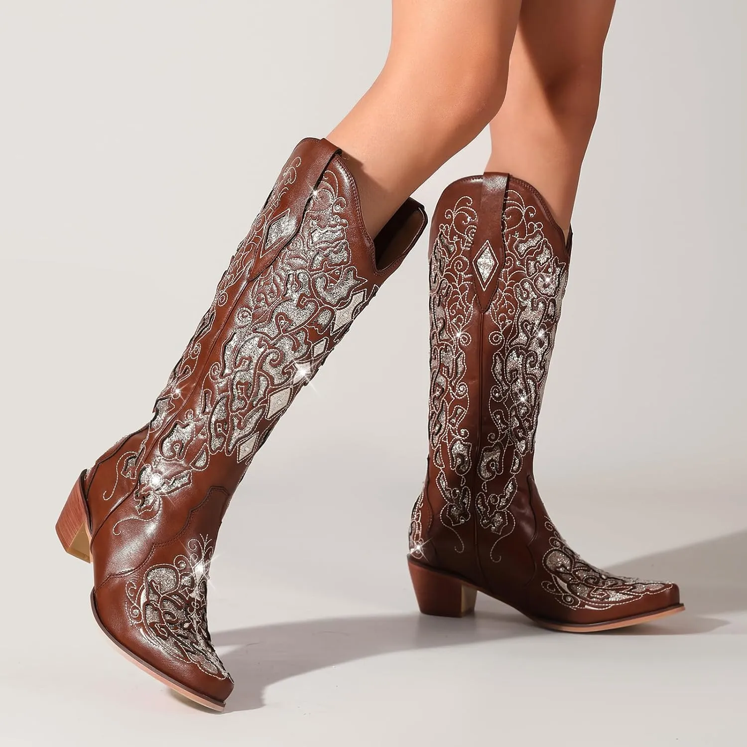 Western Cowboy Boots with Comfortable Calf Black Cowgirl Boot Women Sparkly Rhinestone Wedding Boots Trendy Vintage Tall Glitter Boot with Embroidery and Chunky Heel for Daily Wearing|Office|Party
