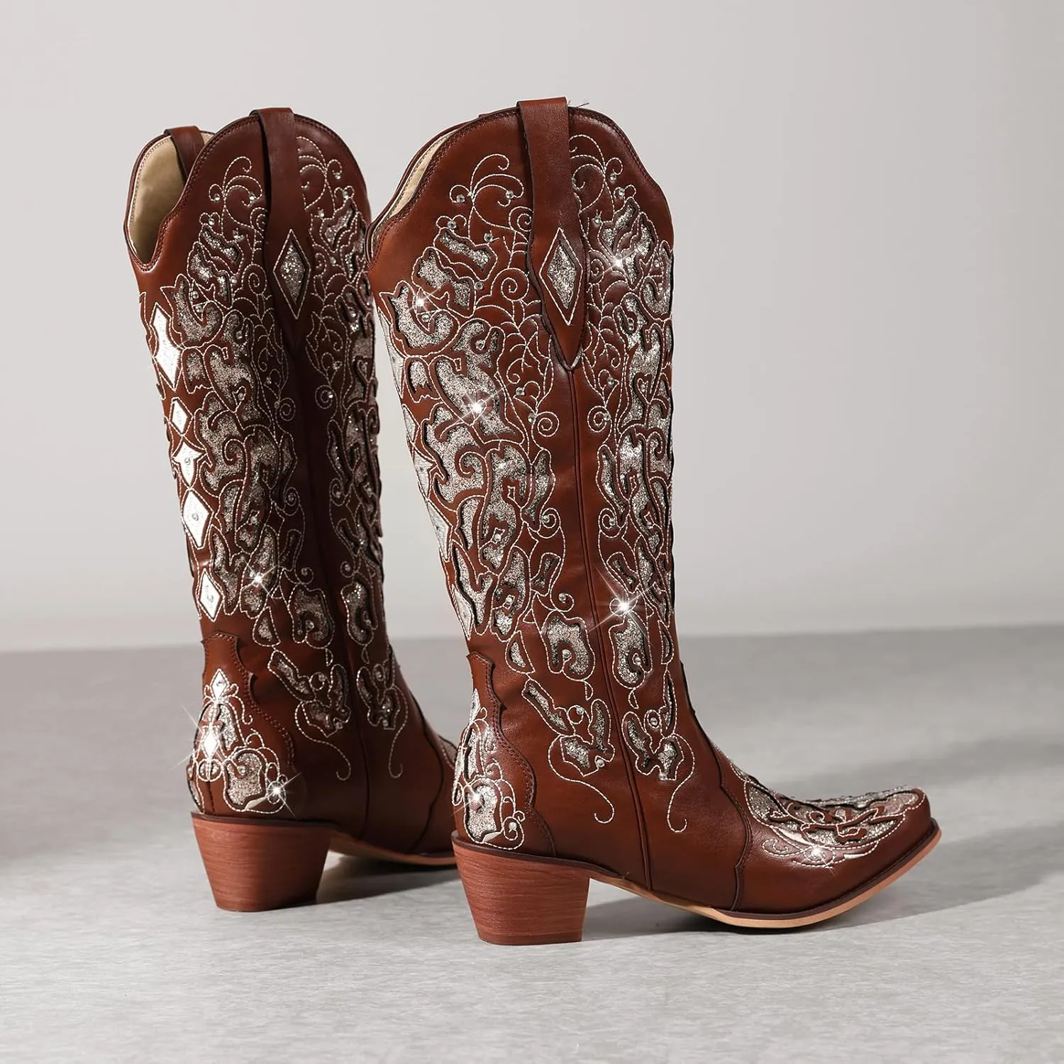 Western Cowboy Boots with Comfortable Calf Black Cowgirl Boot Women Sparkly Rhinestone Wedding Boots Trendy Vintage Tall Glitter Boot with Embroidery and Chunky Heel for Daily Wearing|Office|Party