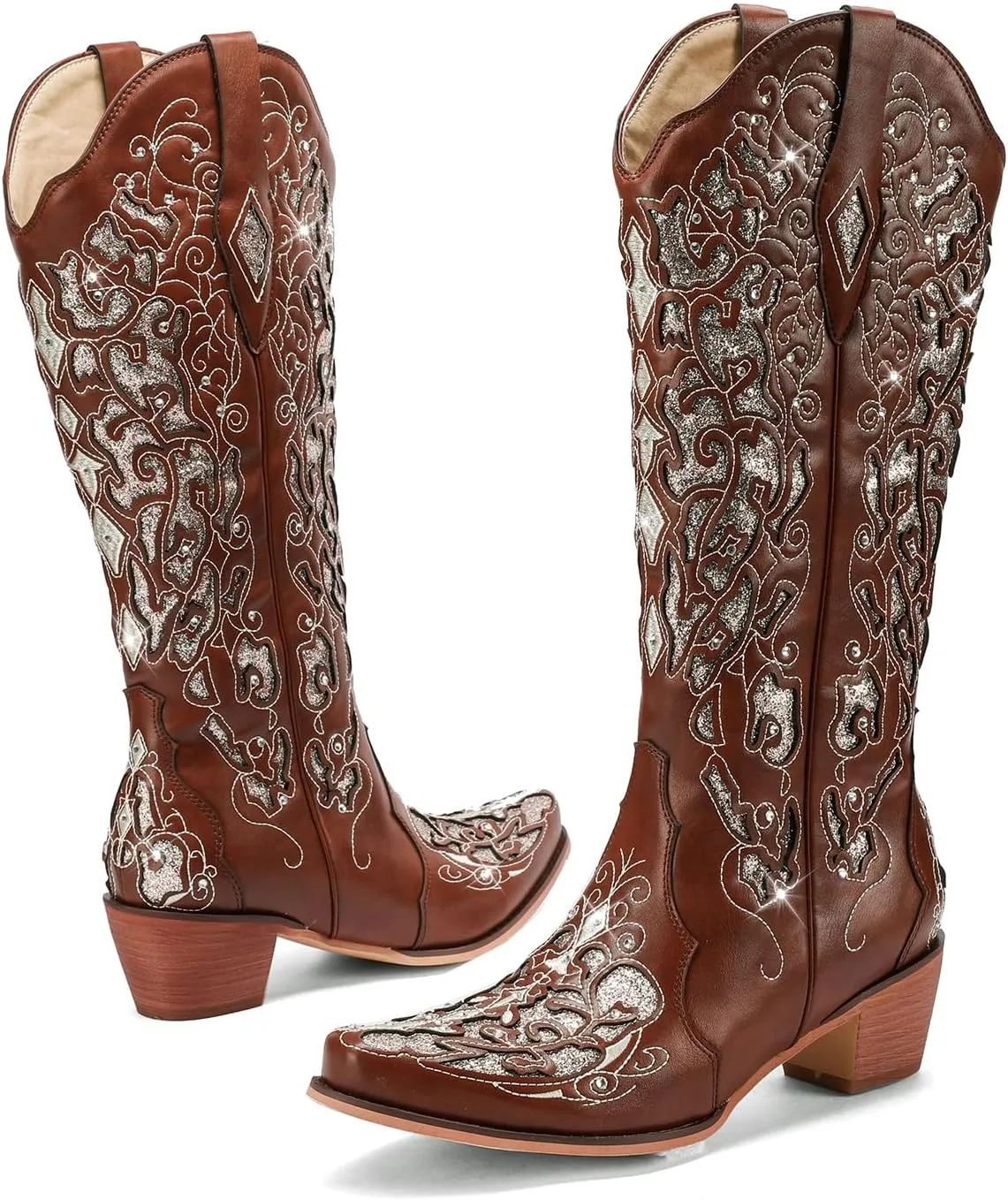 Western Cowboy Boots with Comfortable Calf Black Cowgirl Boot Women Sparkly Rhinestone Wedding Boots Trendy Vintage Tall Glitter Boot with Embroidery and Chunky Heel for Daily Wearing|Office|Party