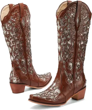 Western Cowboy Boots with Comfortable Calf Black Cowgirl Boot Women Sparkly Rhinestone Wedding Boots Trendy Vintage Tall Glitter Boot with Embroidery and Chunky Heel for Daily Wearing|Office|Party