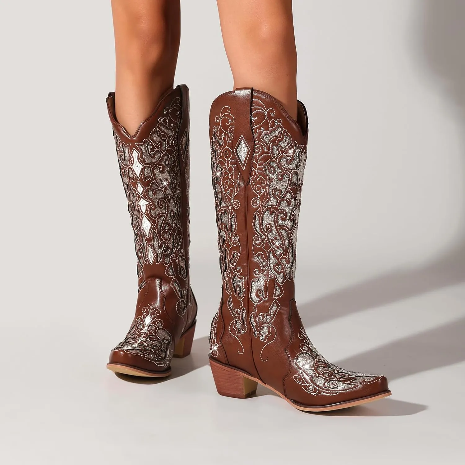 Western Cowboy Boots with Comfortable Calf Black Cowgirl Boot Women Sparkly Rhinestone Wedding Boots Trendy Vintage Tall Glitter Boot with Embroidery and Chunky Heel for Daily Wearing|Office|Party