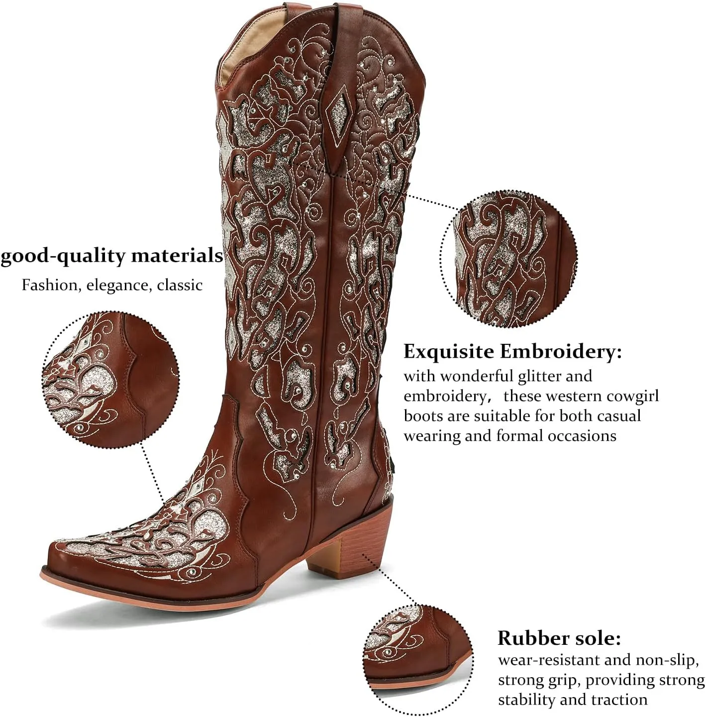 Western Cowboy Boots with Comfortable Calf Black Cowgirl Boot Women Sparkly Rhinestone Wedding Boots Trendy Vintage Tall Glitter Boot with Embroidery and Chunky Heel for Daily Wearing|Office|Party