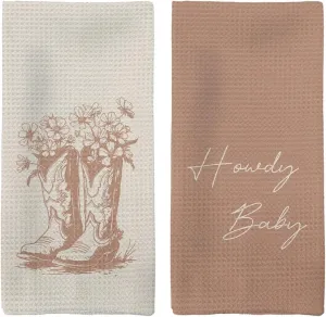 Western Kitchen Towels, Preppy Cowboy Hand Towels, Black Cowgirls Boots Floral Rodeo Dishcloths Tea Towel for Kitchen, Vintage Retro Howdy Baby KitchenBathroom Decor Set of 2, 16x24in(Orange)