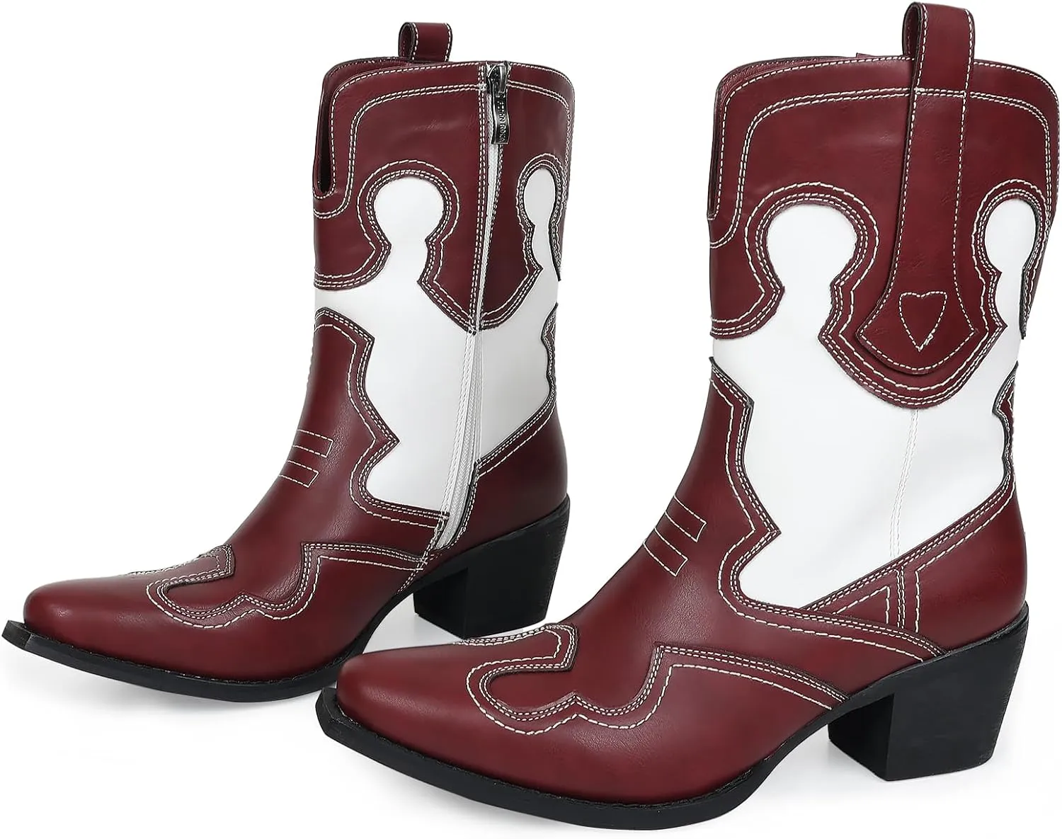 Western Woman Cowgirl Boots with Chunky Heel Pointed Toe Cowboy Boots White Patchwork Trendy Cowboy Stitched Pointe Toe Mid Shaft Boots