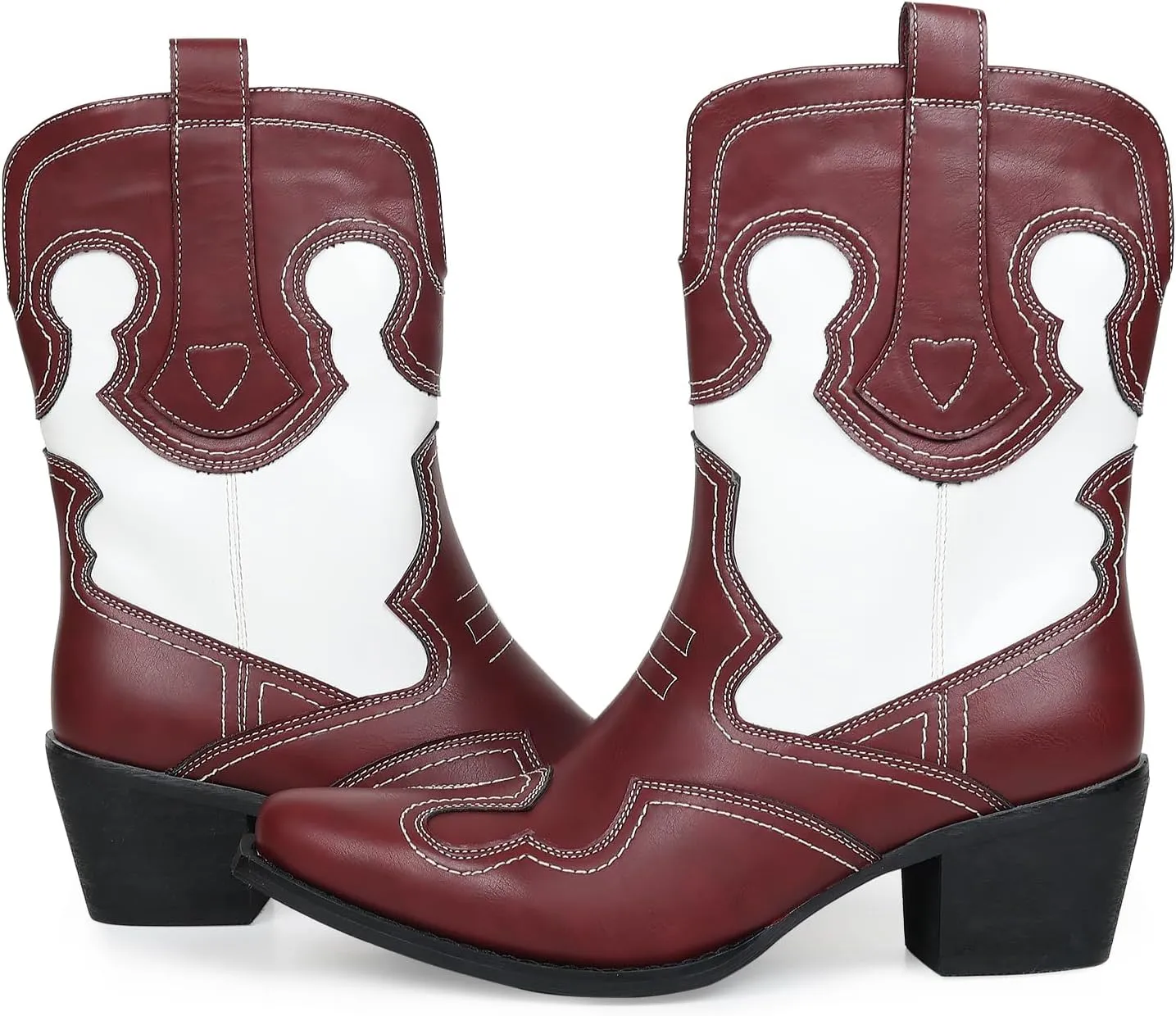 Western Woman Cowgirl Boots with Chunky Heel Pointed Toe Cowboy Boots White Patchwork Trendy Cowboy Stitched Pointe Toe Mid Shaft Boots