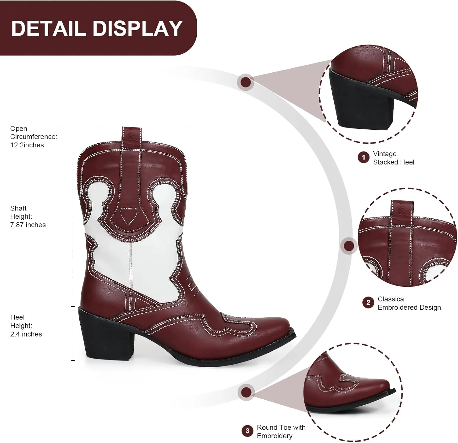 Western Woman Cowgirl Boots with Chunky Heel Pointed Toe Cowboy Boots White Patchwork Trendy Cowboy Stitched Pointe Toe Mid Shaft Boots