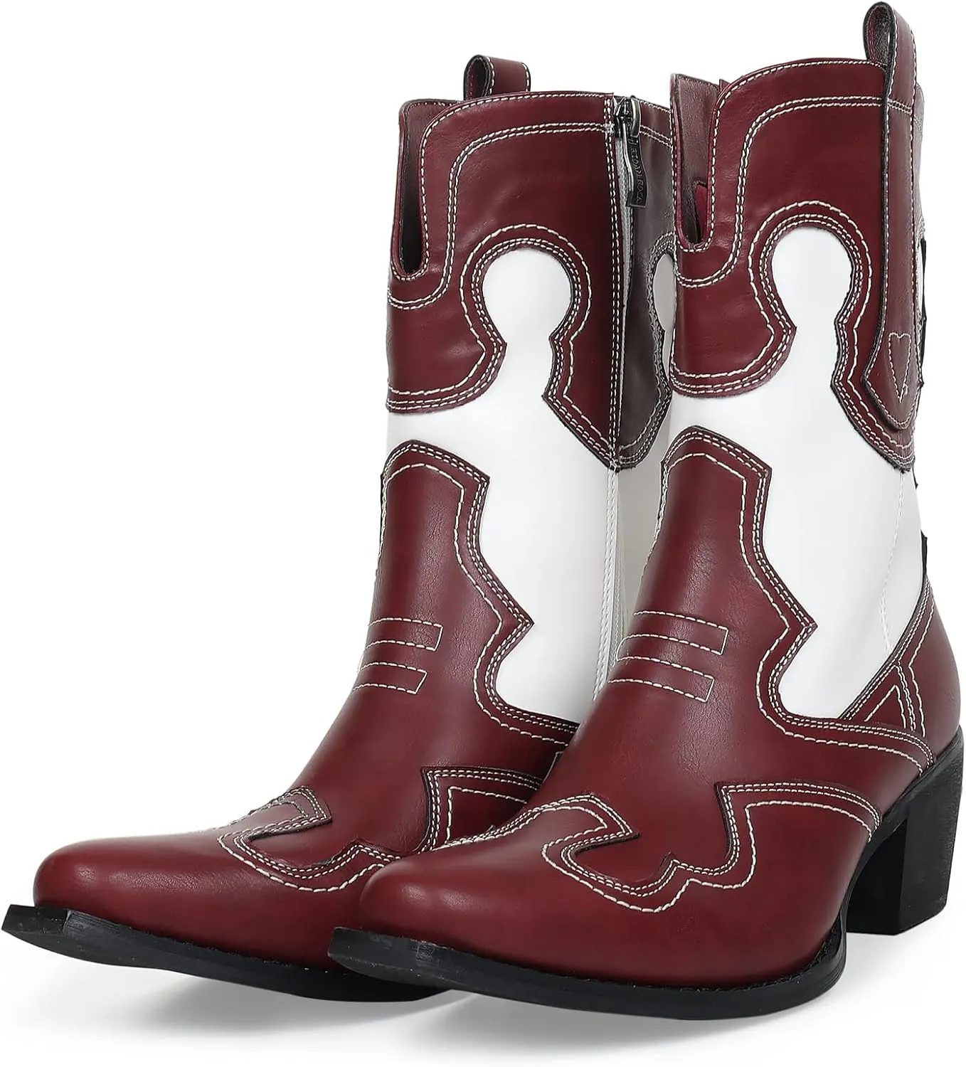 Western Woman Cowgirl Boots with Chunky Heel Pointed Toe Cowboy Boots White Patchwork Trendy Cowboy Stitched Pointe Toe Mid Shaft Boots