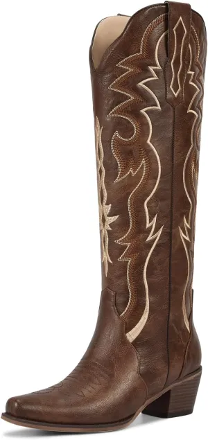 wetkiss Black Cowboy Boots for Women Knee High Cowgirl Tall Boots with Classic Retro Embroidered Chunky Heel Slip On Pointed Toe Womens Western Boots for Girls Ladies