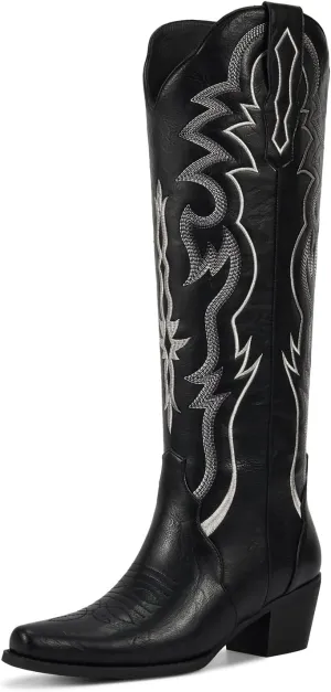 wetkiss Black Cowboy Boots for Women Knee High Cowgirl Tall Boots with Classic Retro Embroidered Chunky Heel Slip On Pointed Toe Womens Western Boots for Girls Ladies