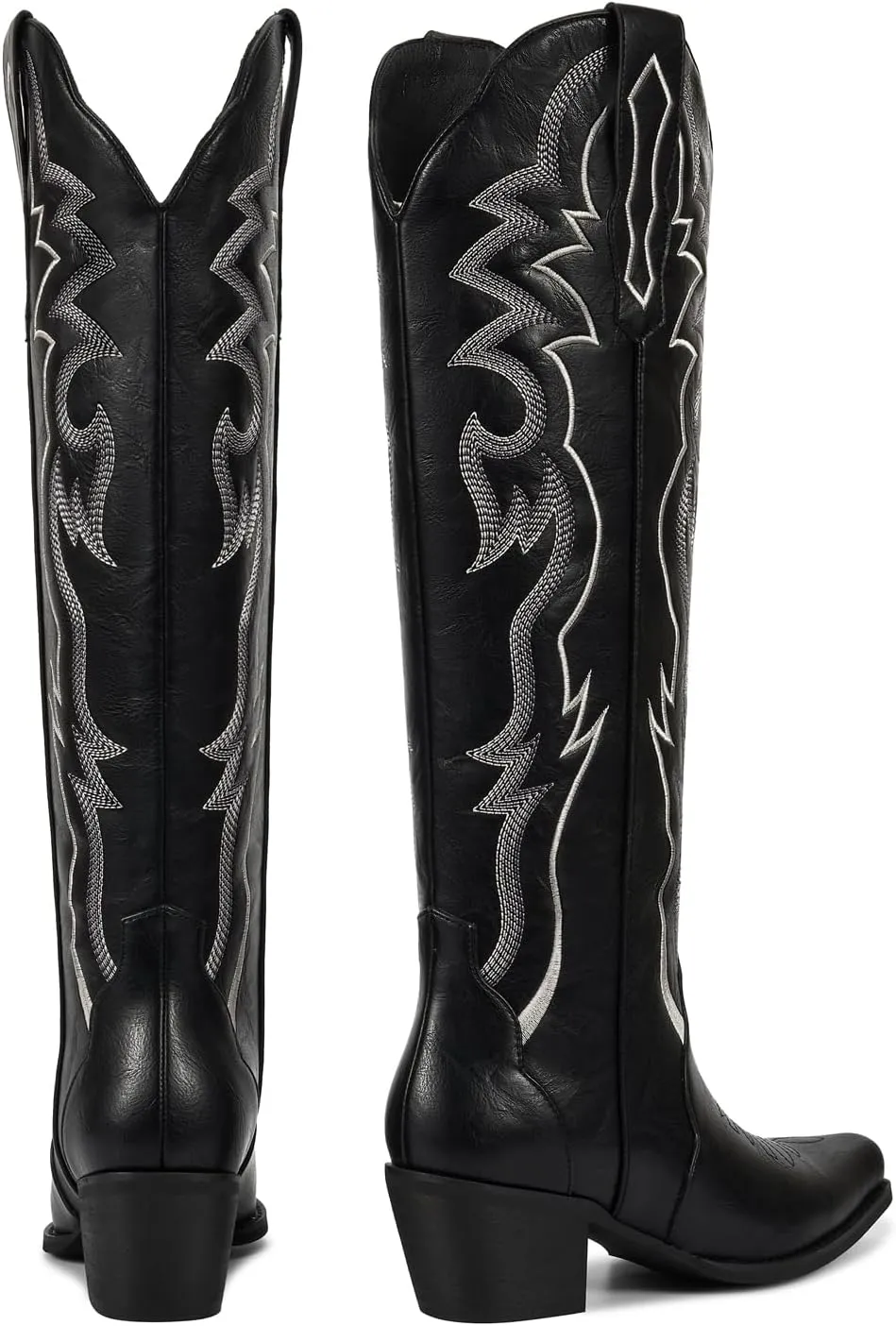 wetkiss Black Cowboy Boots for Women Knee High Cowgirl Tall Boots with Classic Retro Embroidered Chunky Heel Slip On Pointed Toe Womens Western Boots for Girls Ladies
