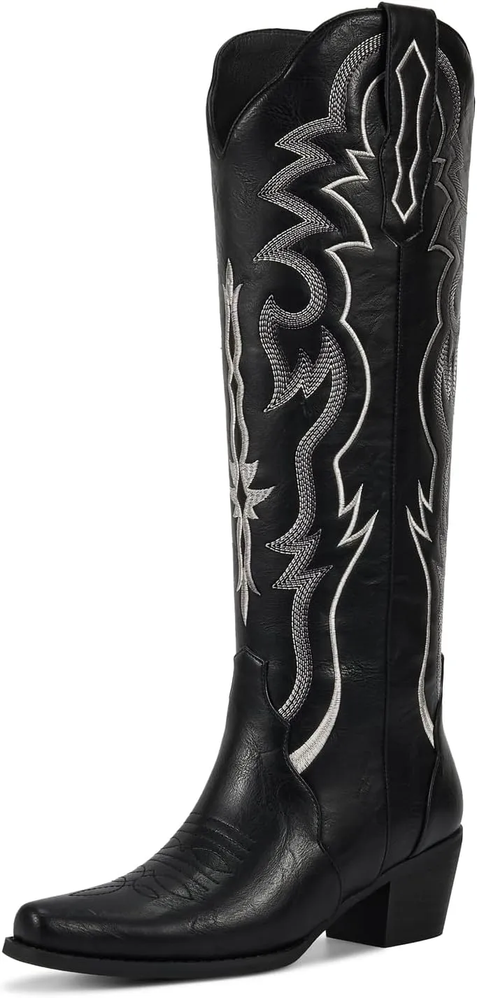 wetkiss Black Cowboy Boots for Women Knee High Cowgirl Tall Boots with Classic Retro Embroidered Chunky Heel Slip On Pointed Toe Womens Western Boots for Girls Ladies