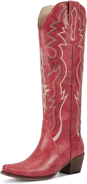 wetkiss Black Cowboy Boots for Women Knee High Cowgirl Tall Boots with Classic Retro Embroidered Chunky Heel Slip On Pointed Toe Womens Western Boots for Girls Ladies