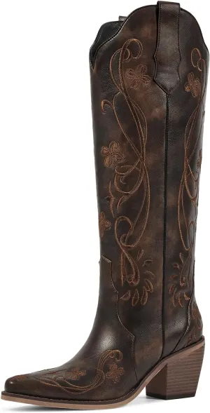 wetkiss Cowboy Boots for Women Knee High Cowgirl Boots, Western Boots with Floral Embroidered Pointed Toe Chunky Heel Pull On Retro Vintage Classic Tall Boots for Ladies