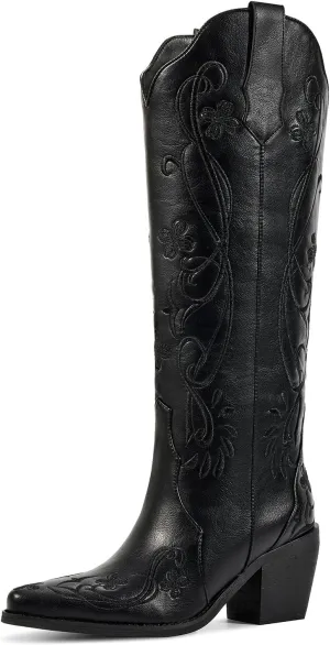 wetkiss Cowboy Boots for Women Knee High Cowgirl Boots, Western Boots with Floral Embroidered Pointed Toe Chunky Heel Pull On Retro Vintage Classic Tall Boots for Ladies