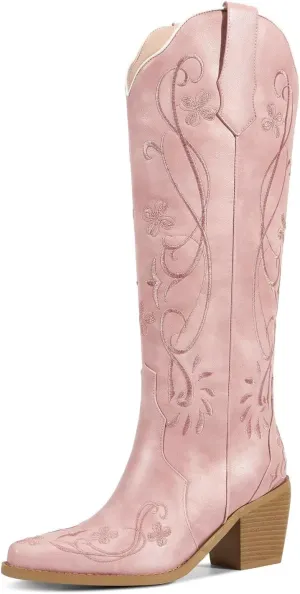 wetkiss Cowboy Boots for Women Knee High Cowgirl Boots, Western Boots with Floral Embroidered Pointed Toe Chunky Heel Pull On Retro Vintage Classic Tall Boots for Ladies