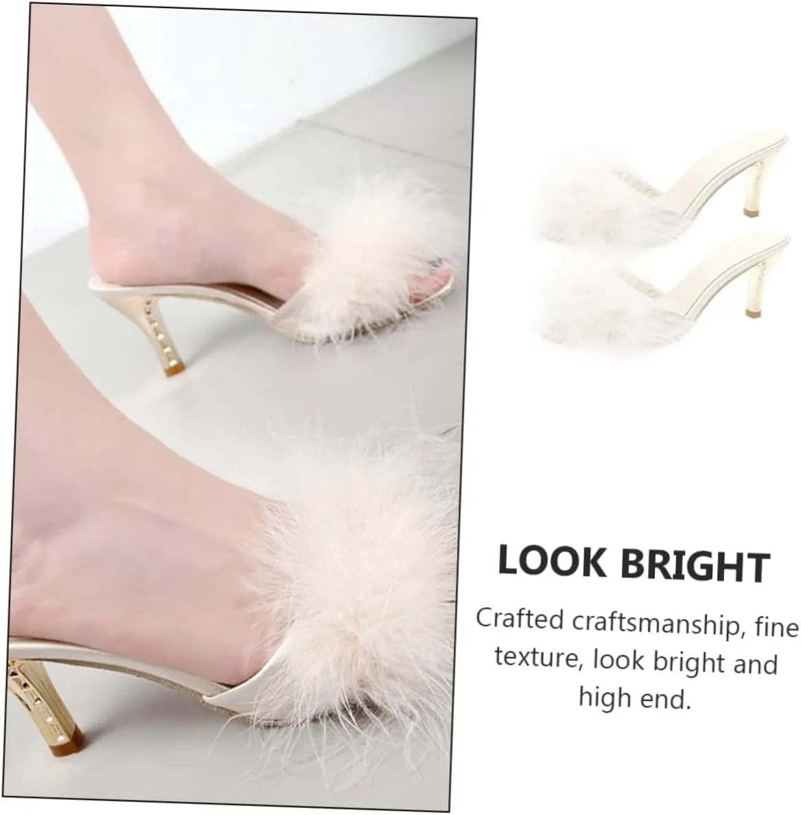 White Womens Faux Fur Kitten Heel Summer Sandals Mules Slip on Open Toe Backless Dress Sexy Low Heeled Slipper Slides Fuzzy Slippers Sandal